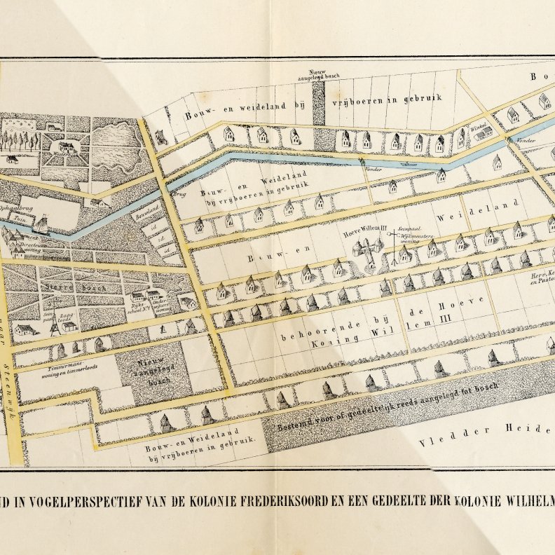 Plattegrond in vogelperspectief van de kolonie Frederiksoord en een gedeelte der kolonie Wilhelminaoord